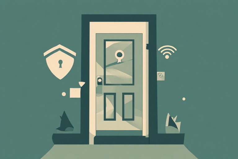 Home network security checklist illustrated as a front door with a router keyhole