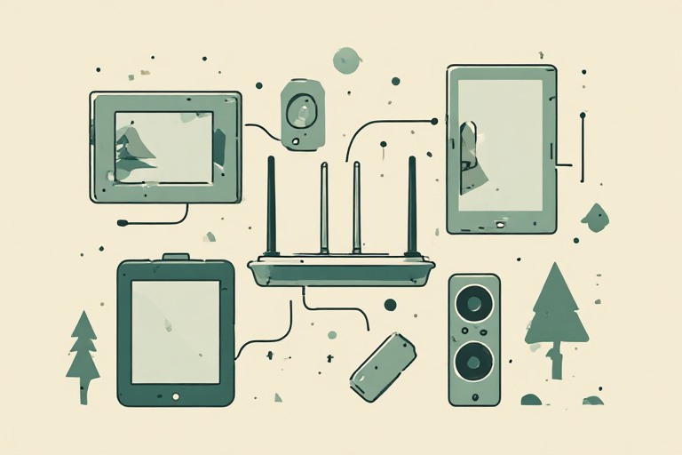 Illustration of small device icons connected by lines to a central home router