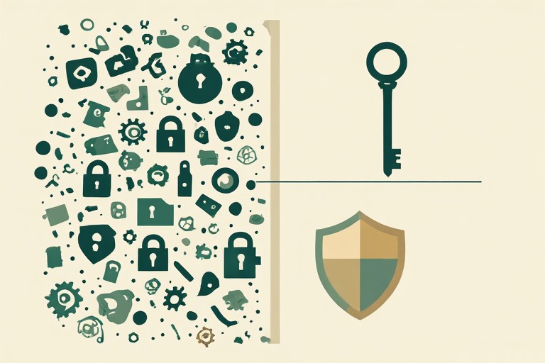 Minimalist security setup shown as two simple tools next to a cluttered pile of unnecessary security icons