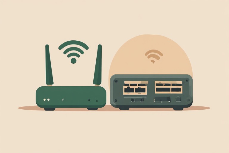Illustration contrasting a simple home router with a more complex managed network switch