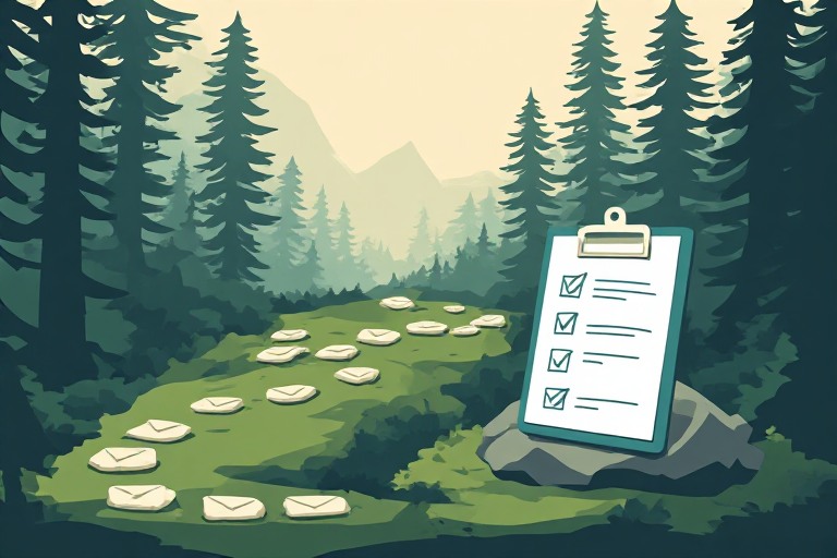 Digital footprint checklist illustrated as a forest trail of small device icons leading to a blank clipboard