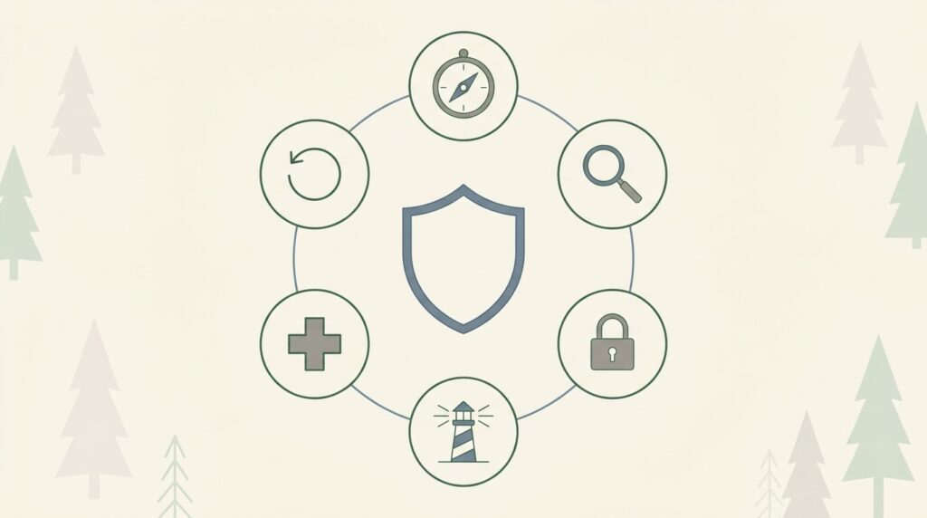 Alt text Six connected symbols in a ring around a shield representing the NIST framework functions used in the digital footprint checklist