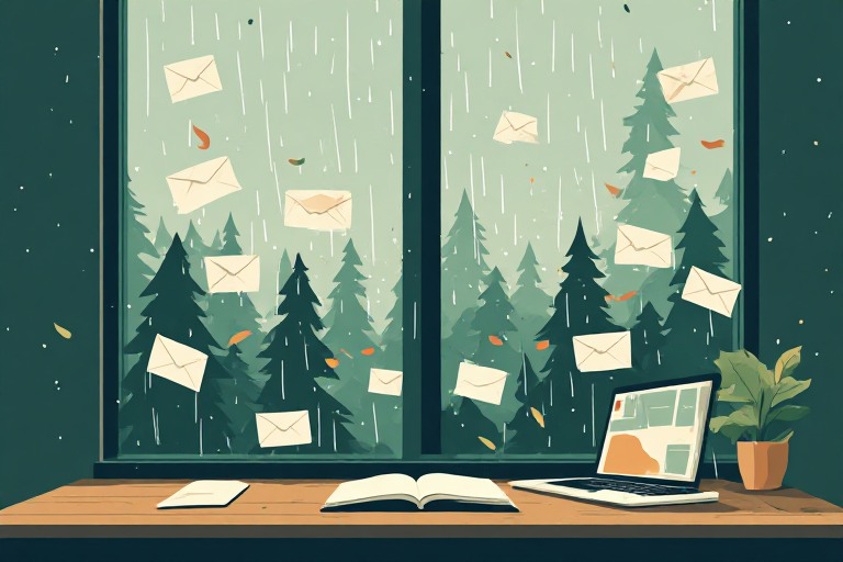 Desk by a rainy window surrounded by floating account and email icons during an account inventory