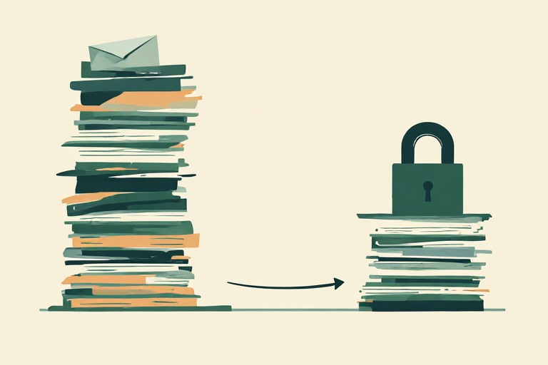 Large pile of old accounts shrinking into a small locked stack to reduce exposure
