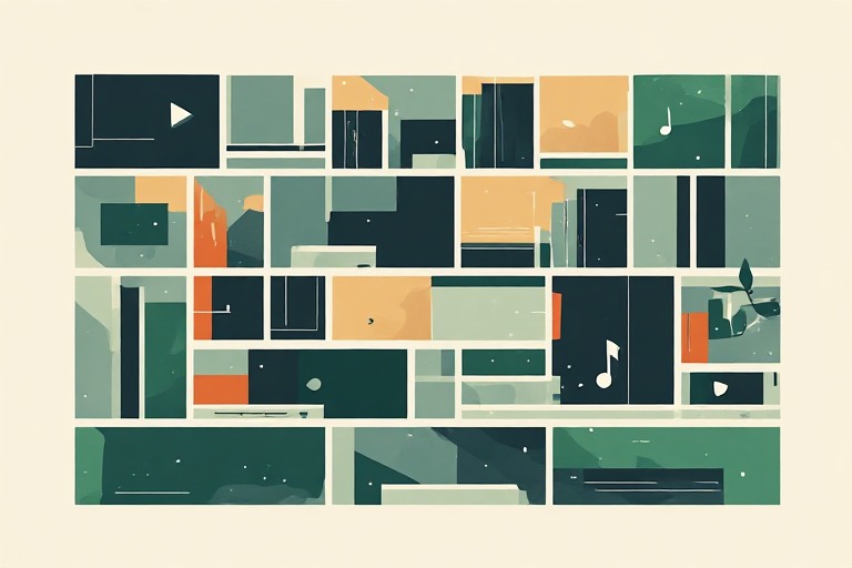 Illustration of a personal library of movies, TV shows, and music stored on a home server